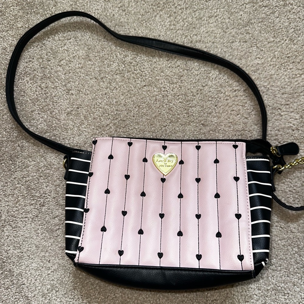 Betsey Johnson Pink and Black Heart Crossbody Bag